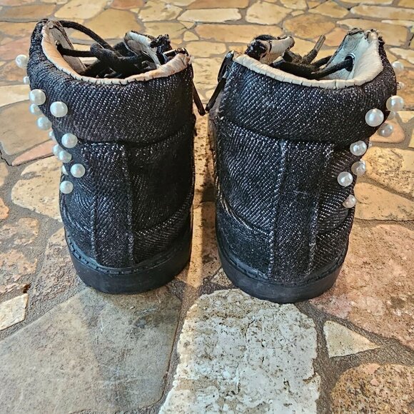 AKID Kids Black Denim Pearly Studded Boots Lace-Up & Side Zipper Size 10C - Picture 2 of 10